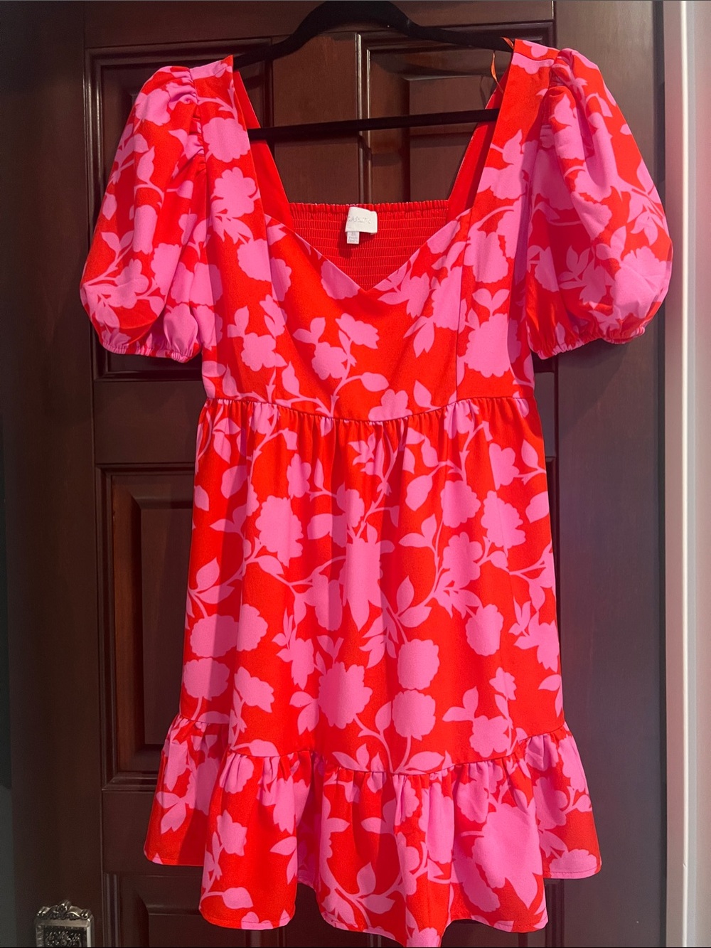 Sugarlips Pink Floral Puff-Sleeve Midi Dress on Red